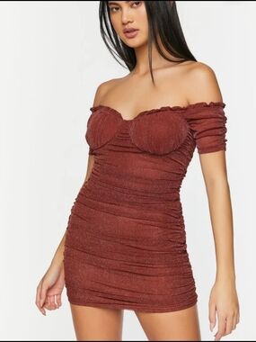 Forever 21 Shimmery Off-Shoulder Mini Dress in Rust Red